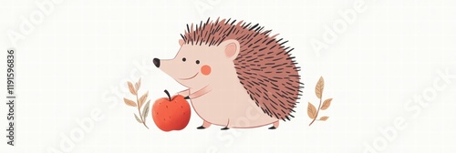 Illustrated hedgehog with a bright red apple on its back enjoys a sunny day in a whimsical forest setting. Generative AI photo