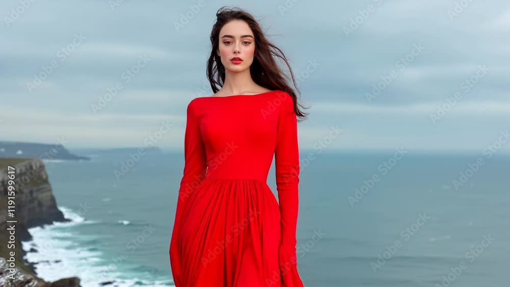 Woman in Red Dress Standing on Coastal Cliffs Footage Woman in Red Dress Standing on Coastal Cliffs Footage