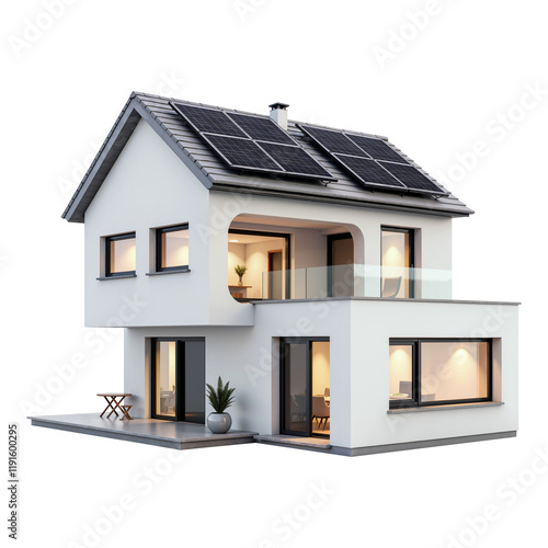 Cozy cottage house with solar panels in the roof isolated on transparent background