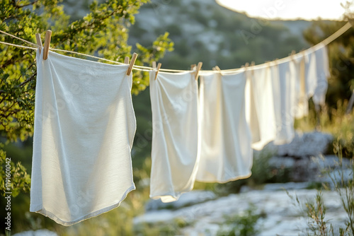 Wallpaper Mural White cloths hanging on a clothesline outdoors in the sunlight. Concept of natural drying and eco-friendly living. For illustrating sustainable lifestyle. Torontodigital.ca