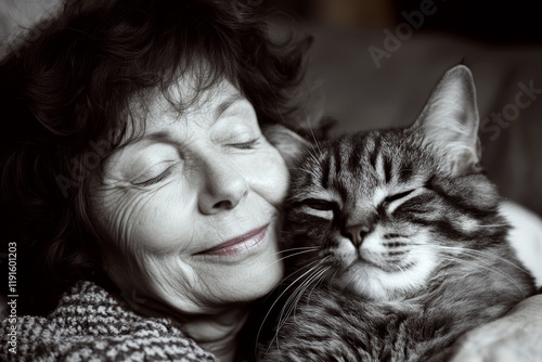 An elderly woman with eyes closed smiles while cuddling a tabby cat. Concept of comfort and companionship. For pet care articles
