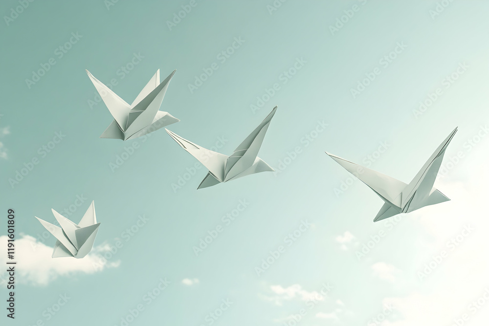 Elegant origami birds flying in unison across a pale blue sky, symbolizing peace, hope, and dreams Elegant origami birds flying in unison across a pale blue sky, symbolizing peace, hope, and dreams