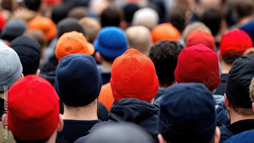 Crowd of people wearing colorful wool hats from behind Diverse ethnicities and gender
