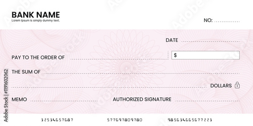 Blank bank check, checkbook cheque template or money payment paper voucher, vector mockup. Business or personal account cash pay cheque certificate or paycheck coupon from checkbook