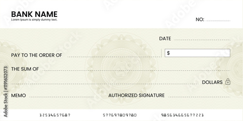 Blank bank check, checkbook cheque template or money payment paper voucher, vector mockup. Business or personal account cash pay cheque certificate or paycheck coupon from checkbook