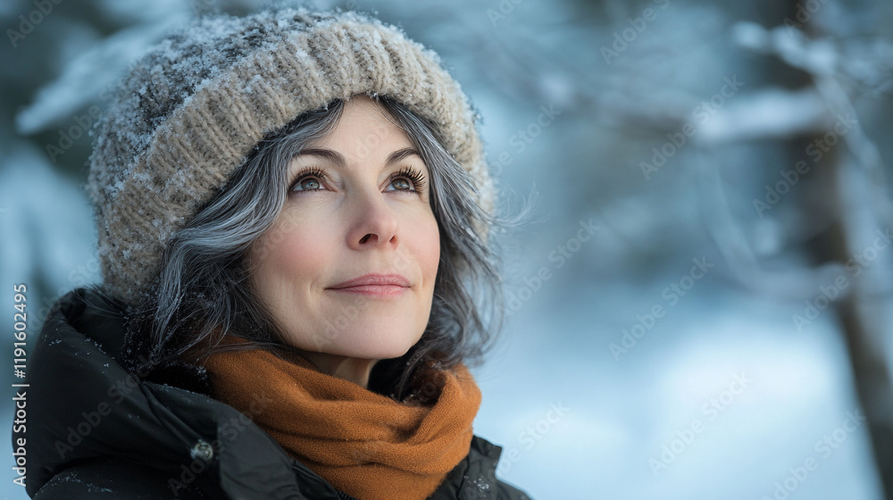 Woman enjoying a snowy day in winter with a warm hat and scarf looking upward Woman enjoying a snowy day in winter with a warm hat and scarf looking upward