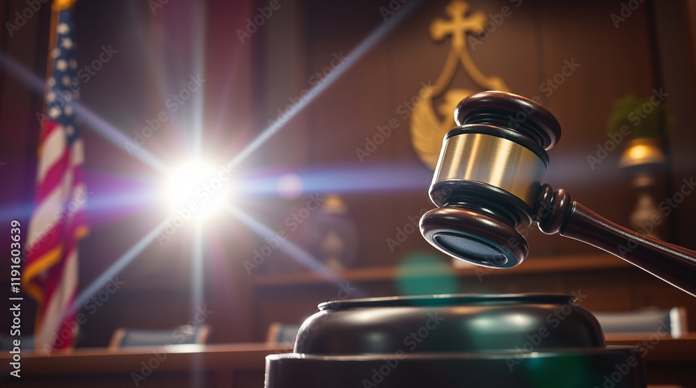 Gavel in courtroom, sunlight streaming through window. Symbol of justice and law. Serious legal proceedings. Gavel in courtroom, sunlight streaming through window. Symbol of justice and law. Serious legal proceedings.
