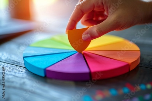 close-up shot of a businessperson's hand placing the last piece into a pie chart, symbolizing successful completion of a financial goal. photo