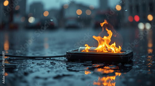 Burning device on a rain-slicked street at night. City lights blur in the background, creating a dramatic and dangerous scene. photo