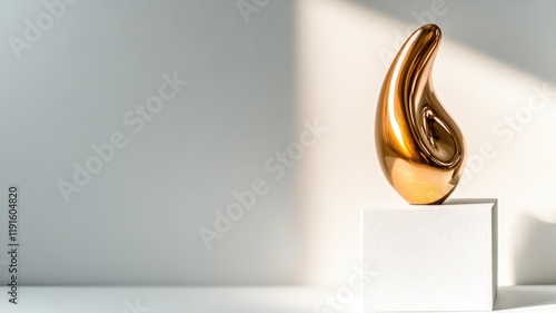Elegant gold sculpture with abstract, fluid design on white plinth, brightly lit Minimalistic style showcasing smooth curves and modern art