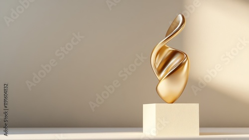 Elegant golden abstract sculpture on white pedestal, modern art