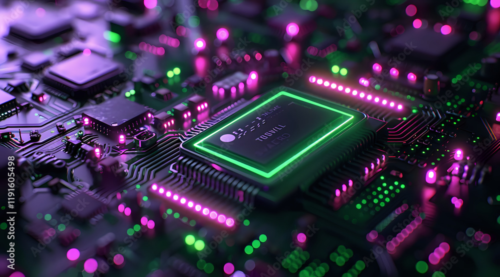 Modern computer processor on circuit board with neon green and pink lighting effects, perfect for technology and innovation concepts in web design and presentations. Modern computer processor on circuit board with neon green and pink lighting effects, perfect for technology and innovation concepts in web design and presentations.