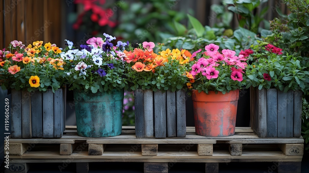 Fototapeta premium Transforming Recycled Wooden Pallets into Stunning Flower Pots: A DIY Guide for Gardening Enthusiasts with Colorful Arrangements