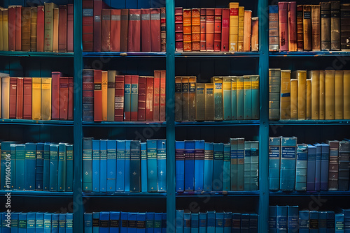 Colorful vintage books arranged on wooden library shelves creating rainbow gradient effect, perfect for education, knowledge and literature concepts in modern design projects. photo