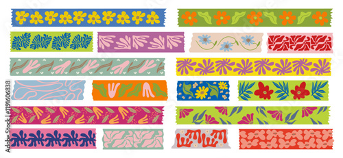 Washi tapes flowers collection. Colorful scrapbook stripes, sticky label tags and decorative scotch with floral abstract elements. Vector illustration isolated on white background. Digital stickers.