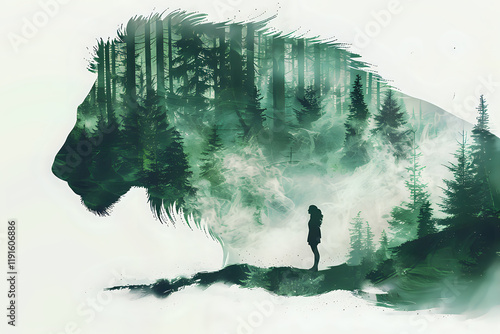 Double exposure artistic composition featuring silhouette of wild tiger and lone female figure against misty pine forest landscape in emerald green tones, perfect for nature connection themes. photo