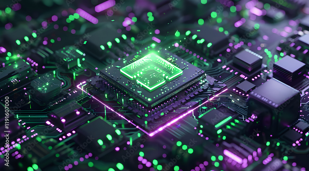 Modern computer processor with neon green and purple lighting effects on circuit board, perfect for technology and innovation concepts in digital designs and presentations. Modern computer processor with neon green and purple lighting effects on circuit board, perfect for technology and innovation concepts in digital designs and presentations.