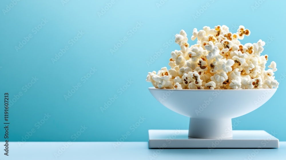 Bowl of popcorn on white stand, blue background Bowl of popcorn on white stand, blue background