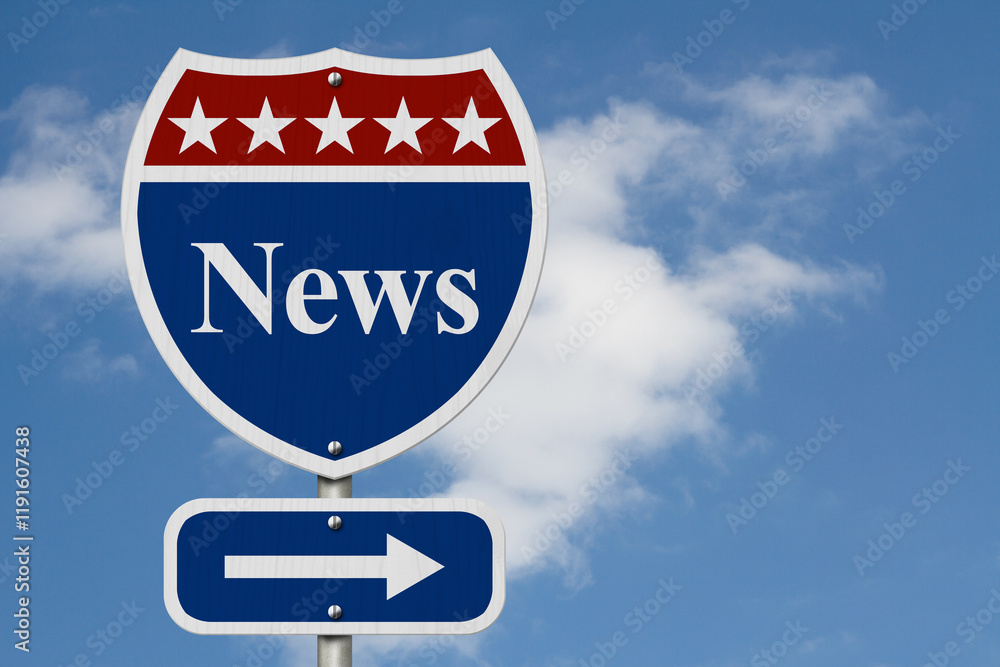 Road sign indicating direction to news with a blue and red design with blue sky. Perfect for concepts related to current events or media Road sign indicating direction to news with a blue and red design with blue sky. Perfect for concepts related to current events or media