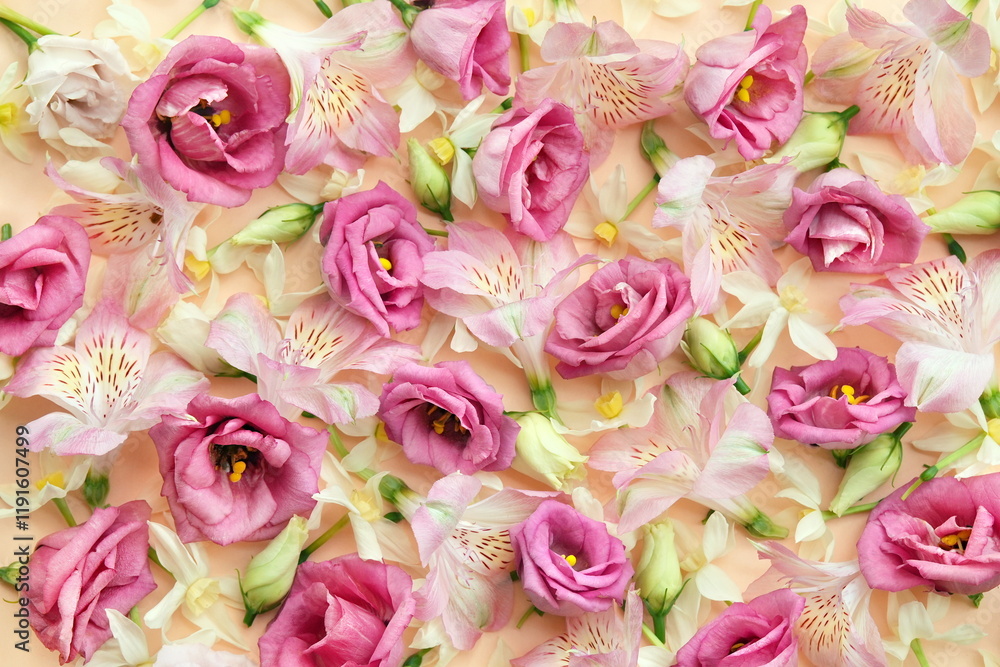 Delicate blooming festive daffodils, roses and eustomas, blossoming light pink summer flowers bright background, bouquet floral card