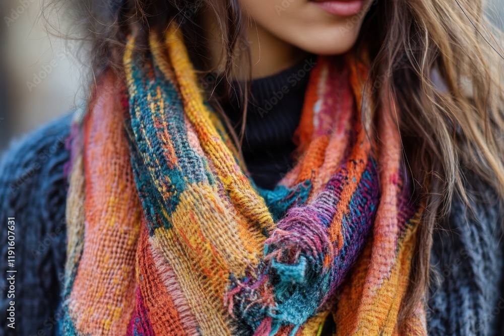 Close-Up of a Stylish Scarf Adorning a Woman's Neck, Highlighting Vibrant Colors and Rich Textures. Close-Up of a Stylish Scarf Adorning a Woman's Neck, Highlighting Vibrant Colors and Rich Textures.