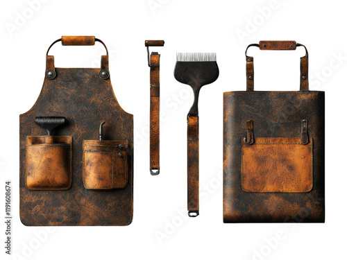 Vintage Leather Tool Apron and Painting Supplies Isolated on transparent background photo