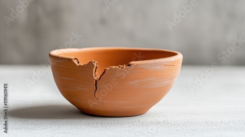 Cracked clay bowl, showcasing imperfections, on smooth surface