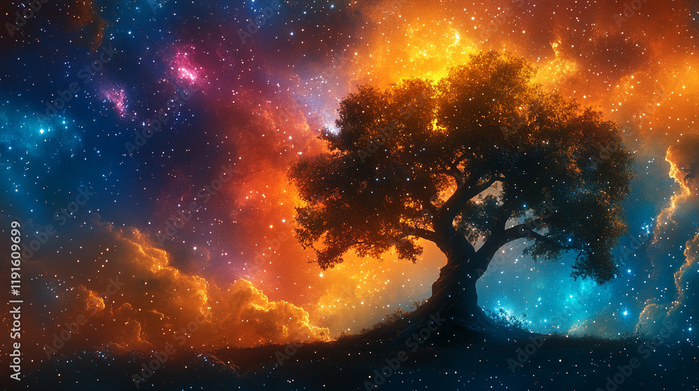 Ancient tree spreads its branches in front of a vibrant cosmic sky, nebula clouds and stars swirling above in a spiral, creating a mystical and abstract landscape with a blurred bright light tone
Ancient tree spreads its branches in front of a vibrant cosmic sky, nebula clouds and stars swirling above in a spiral, creating a mystical and abstract landscape with a blurred bright light tone
