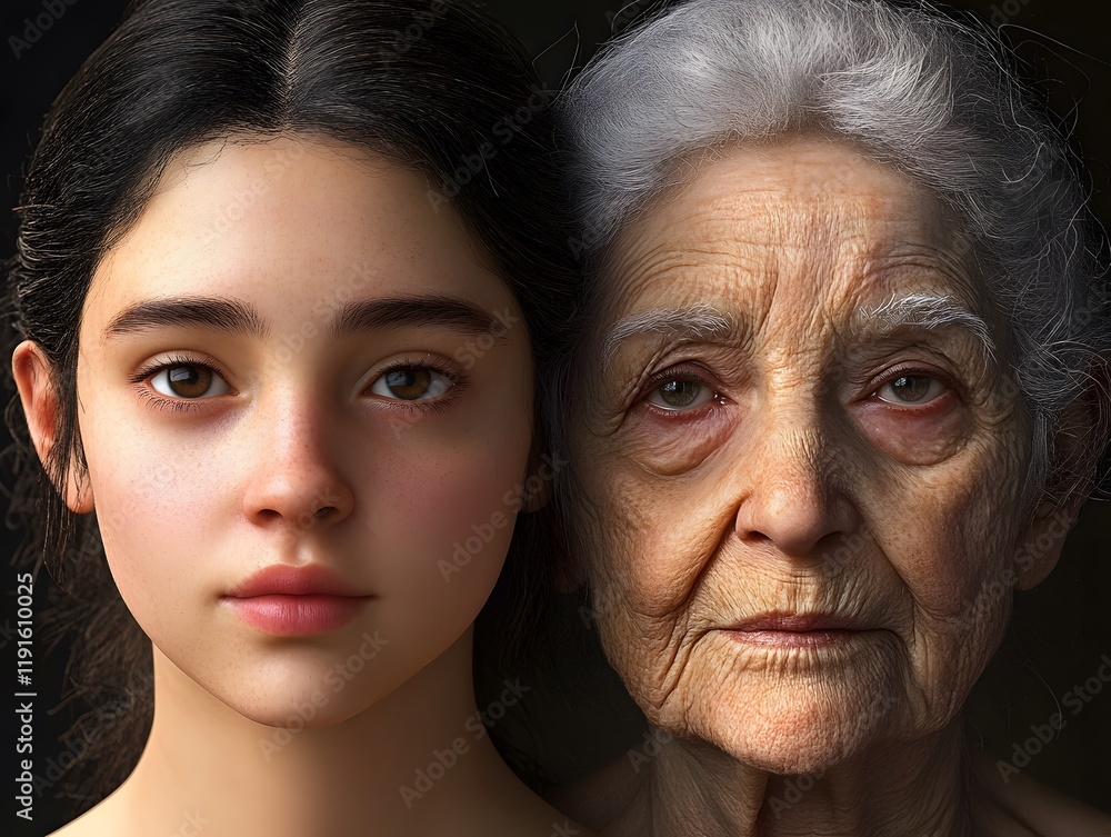 Aging process comparison with face of young and old woman Aging process comparison with face of young and old woman