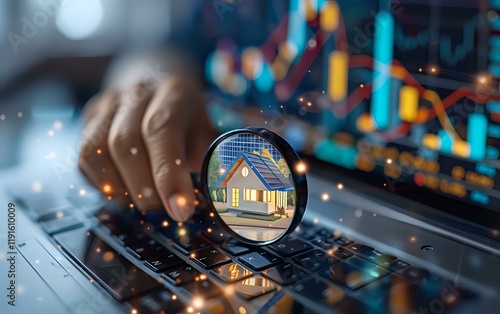 Real estate market analysis concept showing miniature house reflected in magnifying glass over financial charts and laptop keyboard with bokeh effects. photo