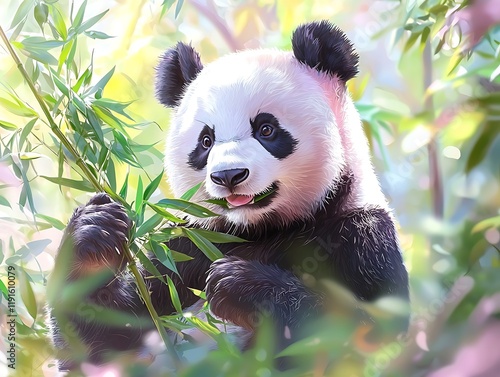 Adorable panda bear eating bamboo leaves in a sunlit forest. photo