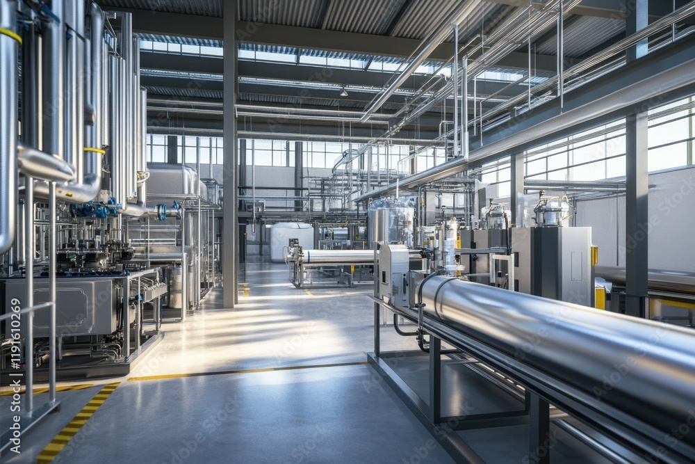 Naklejka premium Industrial facility interior showcasing pipes and machinery during daytime operations