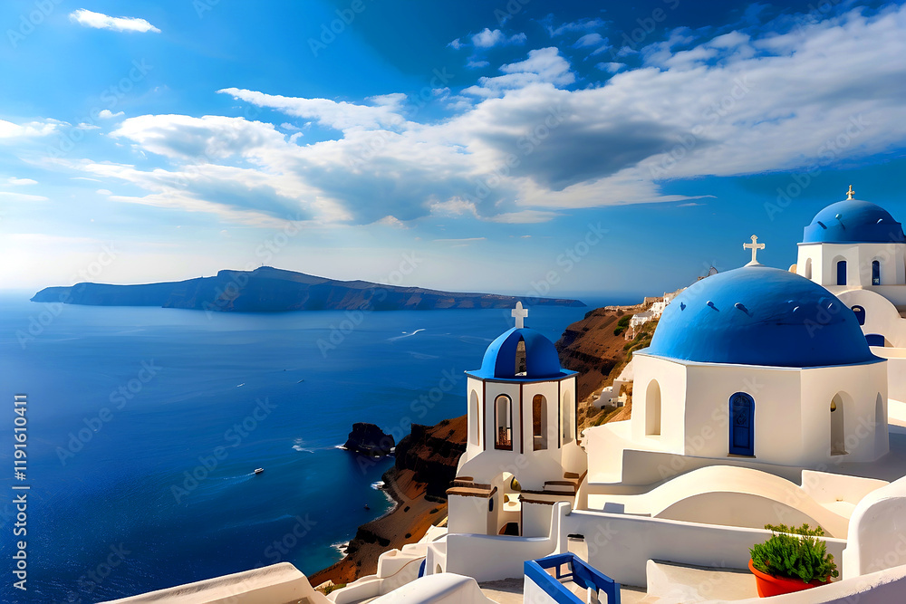 Obraz premium Greece's Santorini island with a blue sky and sea in the background.