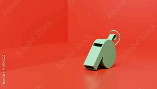 Mint green referee whistle on left. Soft orange background. Copy space for text, 3D render AI Generated Designer Element photo