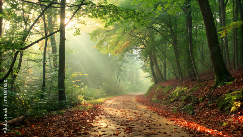 Obraz premium Scenic forest path illuminated by sunlight with colorful autumn leaves 