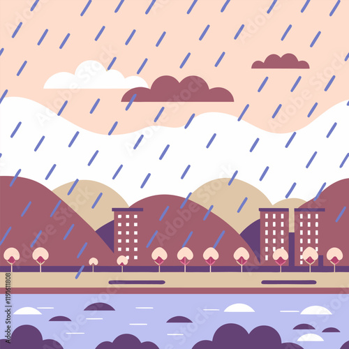 It is raining heavily in the city. Flat style. Vector illustration