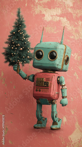 Retro Robot's Holiday Joy: A Vintage-Inspired Christmas Scene photo