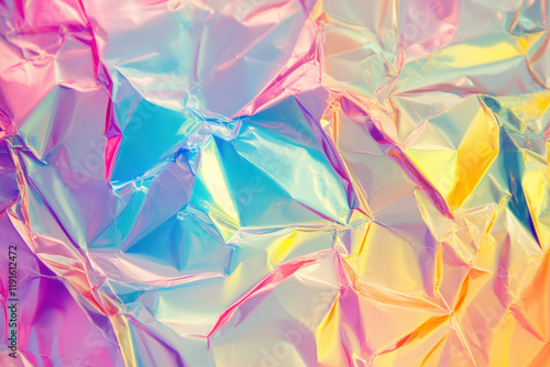 Colorful Iridescent Holographic Foil Paper Texture with Pink, Blue, and Yellow Highlights
