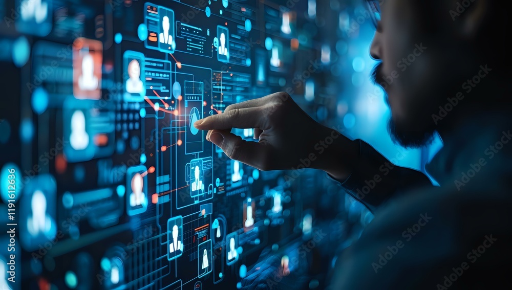 Hand touching digital interface with user profiles and network connections on futuristic transparent display. Modern technology concept for social media, HR management and big data analytics. Hand touching digital interface with user profiles and network connections on futuristic transparent display. Modern technology concept for social media, HR management and big data analytics.