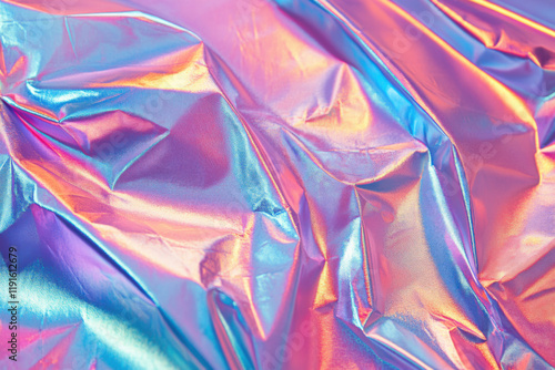 Vibrant Iridescent Holographic Foil Paper Texture with Pink and Blue Highlights