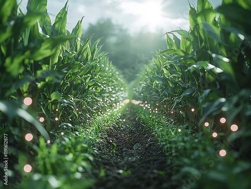 Field of corn with AIguided robotic planters seeding rows at perfect intervals ensuring efficient use of space and resources while the sun shines overhead photo