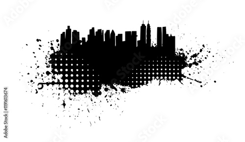 Black and white graphic drawing city and blots. hand drawing. Not AI. Vector illustration.