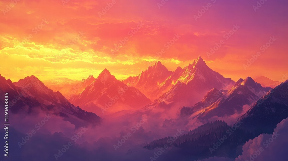 Majestic mountain peaks bathed in golden light during peaceful sunrise over the horizon. Generative AI Majestic mountain peaks bathed in golden light during peaceful sunrise over the horizon. Generative AI
