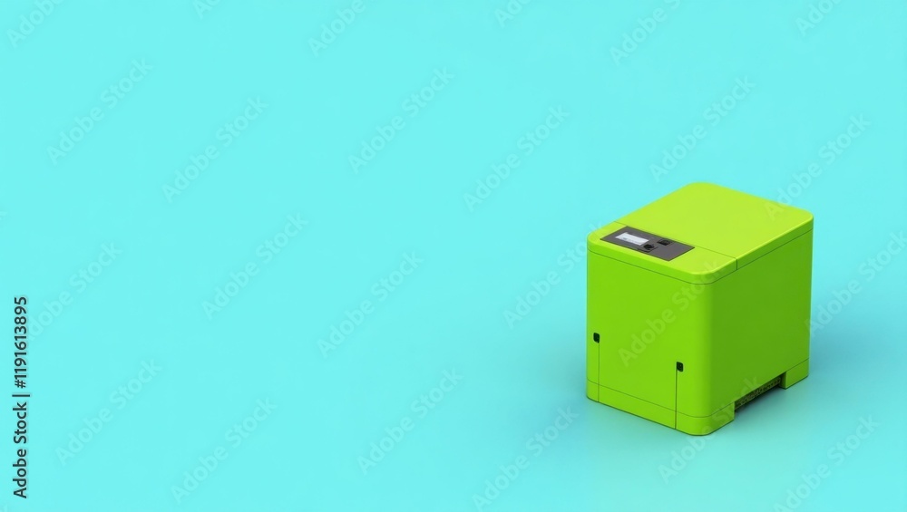 Lime green 3d printer on left. Bright green robot vacuum cleaner on tu Lime green 3d printer on left. Bright green robot vacuum cleaner on tu
