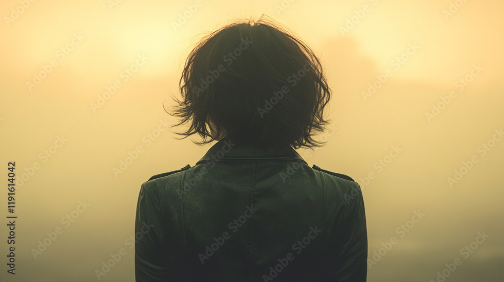 A woman stands with her back to the camera in a minimalistic, empty space, with blurred bright light illuminating the scene, symbolizing introspection, isolation, and the struggle between depression a A woman stands with her back to the camera in a minimalistic, empty space, with blurred bright light illuminating the scene, symbolizing introspection, isolation, and the struggle between depression a