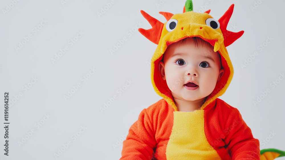 Fototapeta premium Baby dressed as a dragon smiles brightly against a simple background