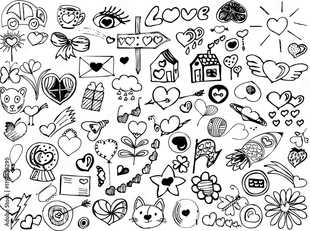Fototapeta premium Charming Hand-drawn Valentine’s doodles set featuring hearts, arrows, gifts, flowers, and more on a white background. Romantic Black-and-White Illustrations for Creative Projects, Perfect for greeting