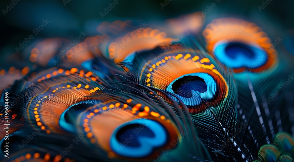 Fototapeta premium Vibrant peacock feathers in orange and blue tones create mesmerizing natural pattern, perfect for luxury design backgrounds and exotic decorative artworks.