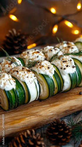 Festive Zucchini CanapÃ©s: A Rustic Holiday Appetizer Display with Pine Cones and Twinkling Lights photo