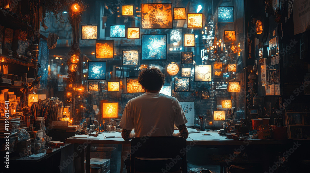 Artist working in a dimly lit studio surrounded by glowing artwork and creative tools Artist working in a dimly lit studio surrounded by glowing artwork and creative tools